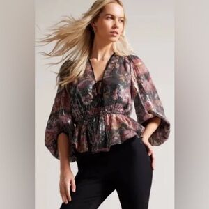 Ted Baker Juudie Black/Purple Floral Sequin Bishop Sleeve Tie Front Top Size 0
